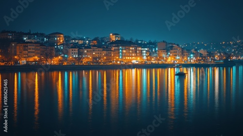 A city skyline illuminated by twinkling lights at night, reflected in a calm river.