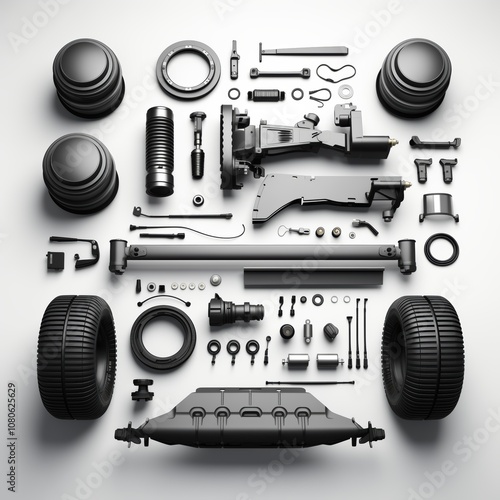 In a symmetrical layout, a variety of vehicle components including tires, bolts, tubes, and other parts are displayed against a clean background, emphasizing simplicity and design photo