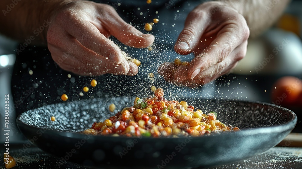 Close-up of chef's hands sprinkling flour over a colorful pasta salad in a black bowl. Close-up of chef's hands sprinkling flour over a colorful pasta salad in a black bowl.