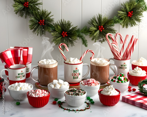 Warm and festive hot cocoa bar with candy canes, marshmallows, and sweet treats celebrating the holiday spirit in a cozy setting photo