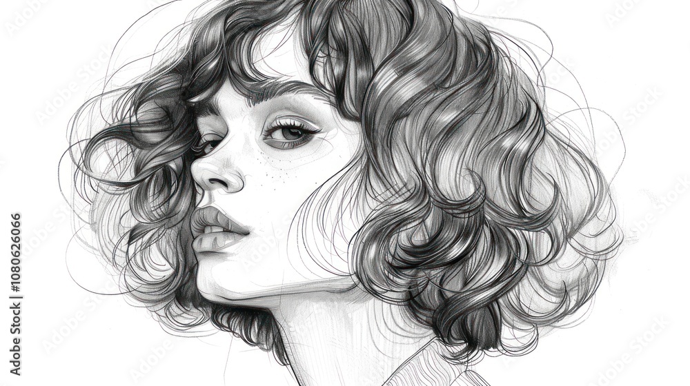 Fototapeta premium A grayscale illustration of a woman with short, curly hair looking to the right, with a soft, dreamy expression.