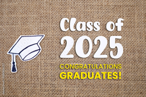 Class of 2025 with graduation cap sticker on burlap photo