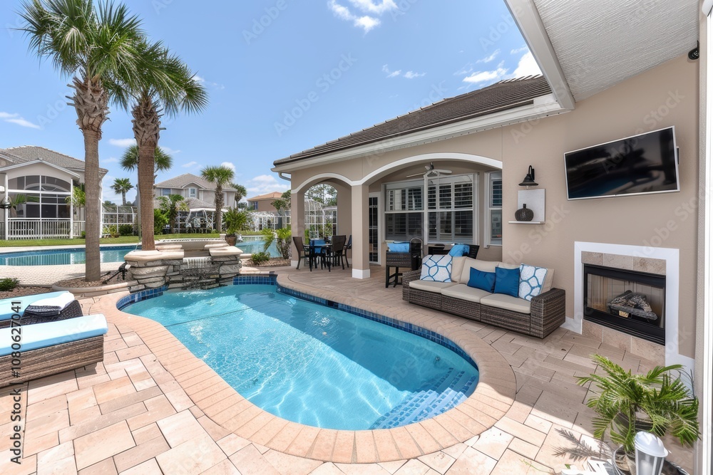 Fototapeta premium Luxurious modern backyard with pool, outdoor seating, and tropical plants creating a serene oasis perfect for relaxation and entertainment