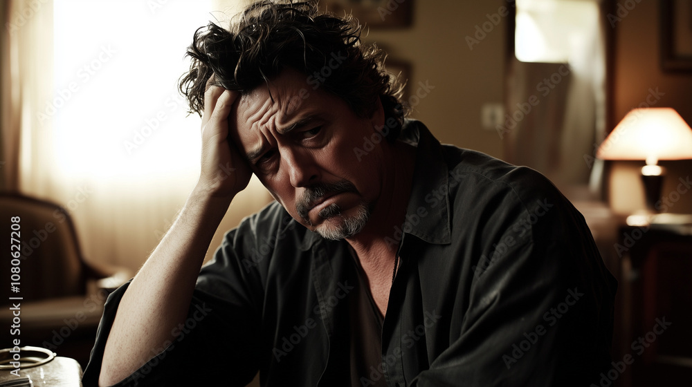 Middle-aged man sitting alone in a quiet room, holding his head with one hand, looking stressed and concerned. Emotional state of solitude and introspection. Middle-aged man sitting alone in a quiet room, holding his head with one hand, looking stressed and concerned. Emotional state of solitude and introspection.
