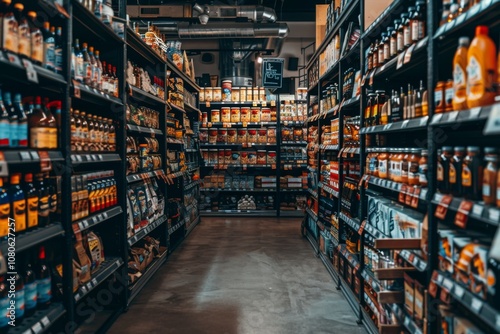 Long and bright supermarket aisle showcasing a wide selection of products