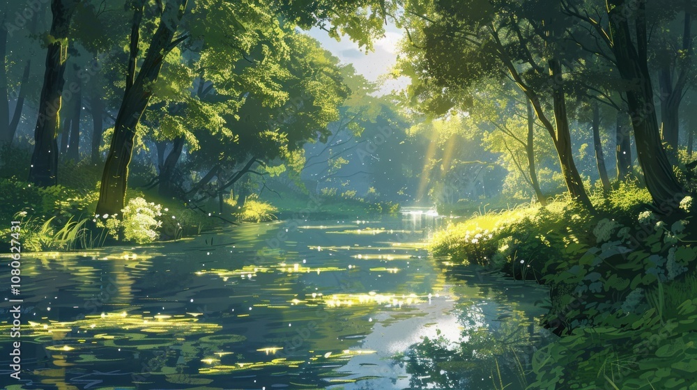 Obraz premium A sunlit stream flows through a lush green forest, with sunlight filtering through the leaves.
