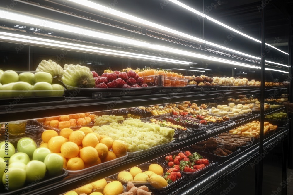 Fresh fruits and vegetables displayed on shelves in a grocery store. Fresh fruits and vegetables displayed on shelves in a grocery store.