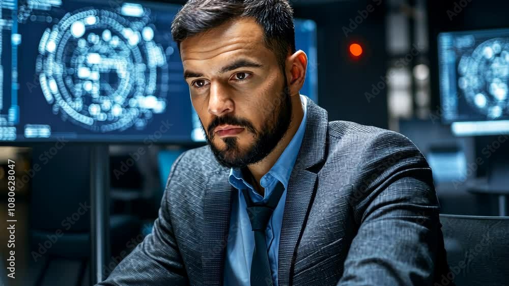 Focused Professional Analyzing Data on Laptop in Modern Office Setting with Screens Focused Professional Analyzing Data on Laptop in Modern Office Setting with Screens
