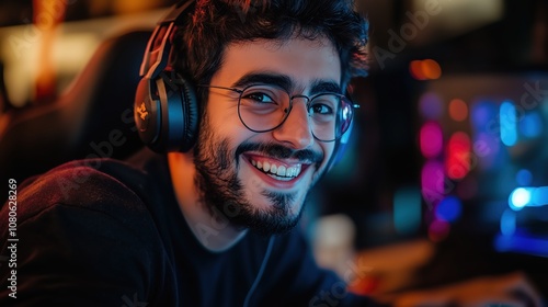 A young gamer wearing headphones beams with joy while playing in a lively LAN party, where colorful lights illuminate gaming setups and create an energetic vibe photo