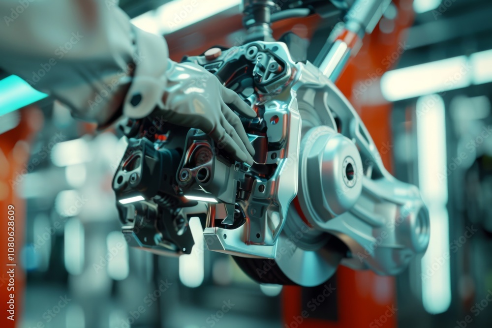 Fototapeta premium Close up of a technician working on an electric car brake