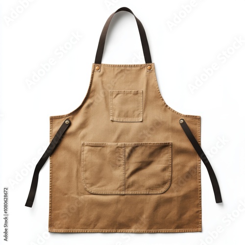 Beige canvas apron with pockets isolated on white background photo