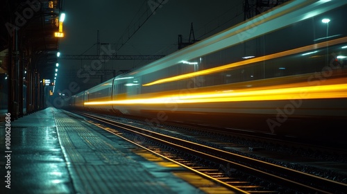 A high-speed train rushes through a station at night, leaving behind a trail of light.