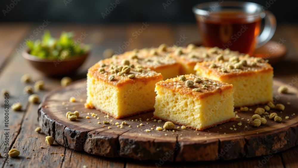 Freshly baked cheese kunafa on a rustic wooden board with a cup of tea nearby. Freshly baked cheese kunafa on a rustic wooden board with a cup of tea nearby.