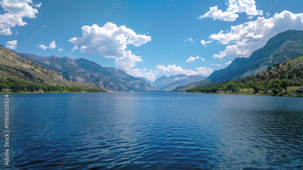A serene mountain lake with calm blue waters, surrounded by lush green hills and a clear blue sky dotted with fluffy white clouds. A serene mountain lake with calm blue waters, surrounded by lush green hills and a clear blue sky dotted with fluffy white clouds.
