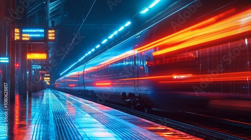 A high-speed train streaks through a modern train station at night, leaving a trail of vibrant red and orange light.