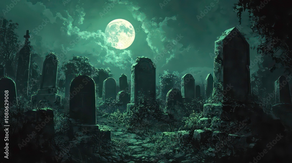 A full moon shines down on a spooky graveyard, casting long shadows over the weathered tombstones. A full moon shines down on a spooky graveyard, casting long shadows over the weathered tombstones.