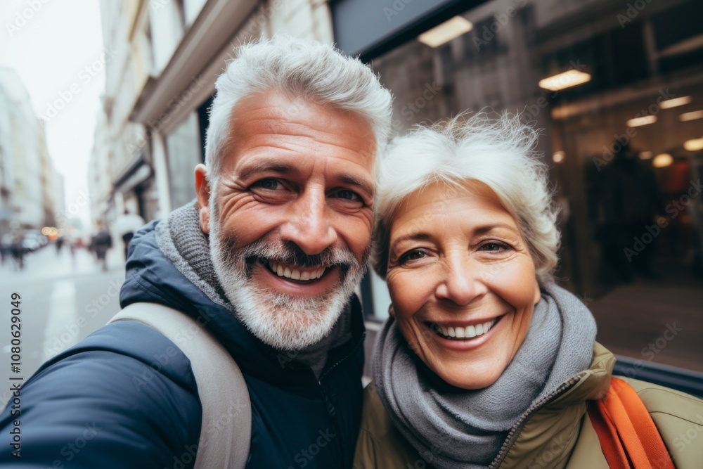Close up of a senior couple taking selfie while walking in the city Close up of a senior couple taking selfie while walking in the city