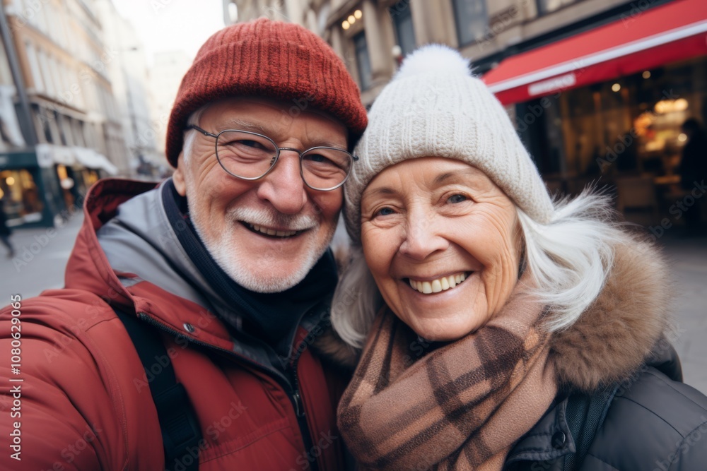 Close up of a senior couple taking selfie while walking in the city Close up of a senior couple taking selfie while walking in the city
