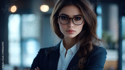 Professional Young Woman with Glasses in an Office Environment, Exuding Confidence and Intelligence, Captured in a Soft Focus Background, Ideal for Business and Corporate Themes