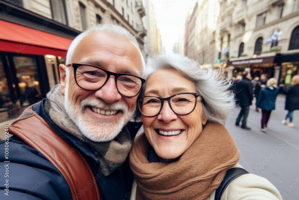 Close up of a senior couple taking selfie while walking in the city Close up of a senior couple taking selfie while walking in the city