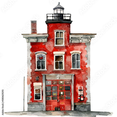 A watercolor vector of Firehouse, isolated on a white background. Firehouse vector.