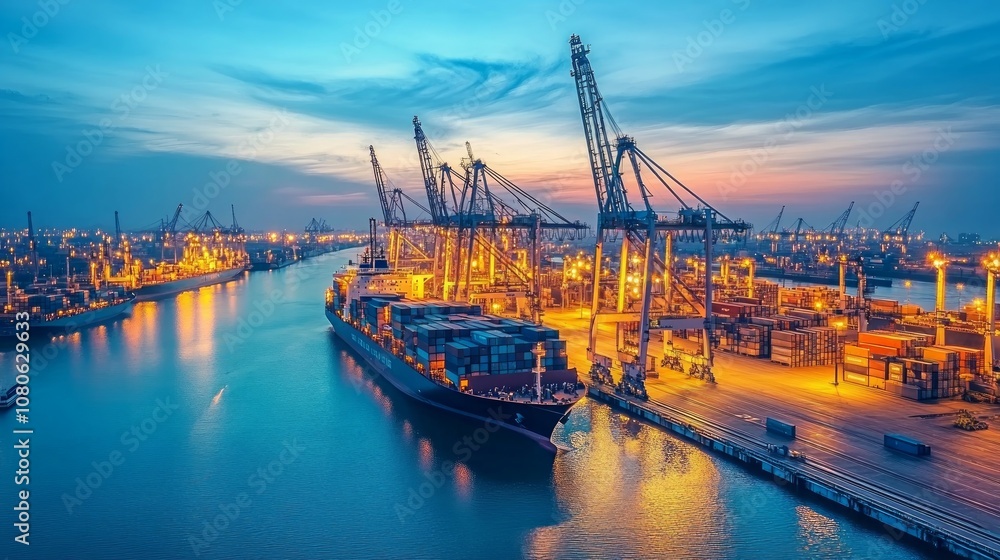 Obraz premium A large container ship is docked at a busy port at dusk. Cranes are working to load and unload containers.