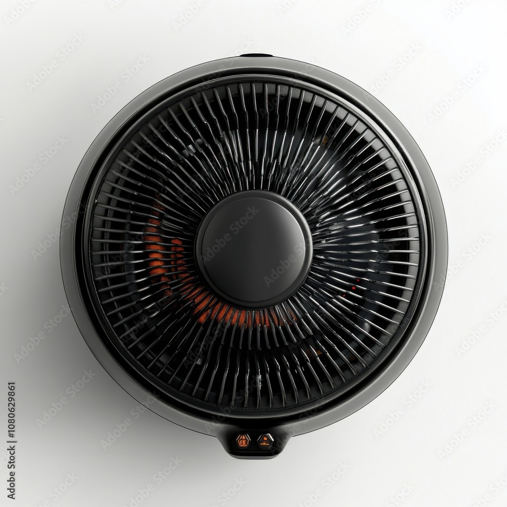 Black electric heater with grilled design on white surface in minimalistic style Black electric heater with grilled design on white surface in minimalistic style