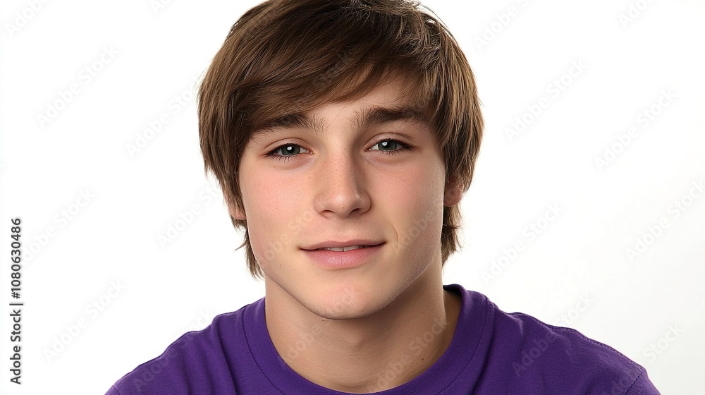 Young male portrait with short brown hair and bright blue eyes, wearing a purple shirt against a light background, conveying a sense of youth and vitality in a simple setting Young male portrait with short brown hair and bright blue eyes, wearing a purple shirt against a light background, conveying a sense of youth and vitality in a simple setting
