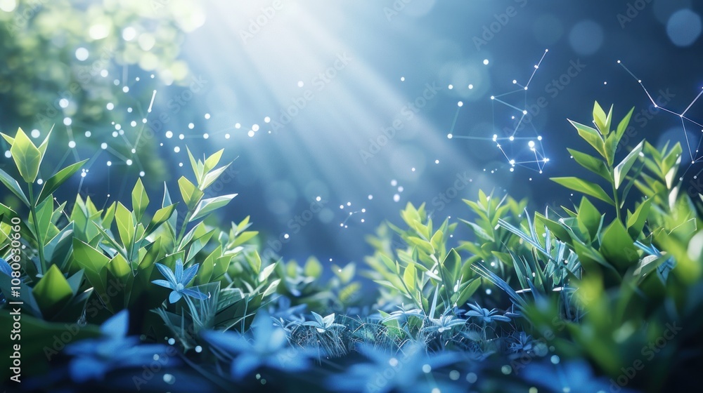 A close-up of lush green leaves in a forest with a beam of light shining through the trees and a network of glowing lines above. A close-up of lush green leaves in a forest with a beam of light shining through the trees and a network of glowing lines above.