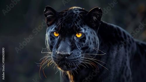 A close-up of a black panther with striking yellow eyes, showcasing its sleek fur and intense gaze.