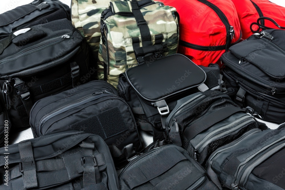 Fototapeta premium A collection of various backpacks and bags in different colors and styles, including black, camouflage, and red.