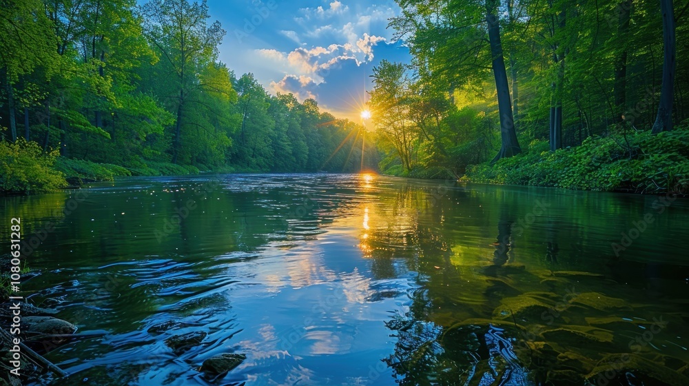 Fototapeta premium A serene sunset over a still river, the golden light reflecting off the water, surrounded by lush green trees.