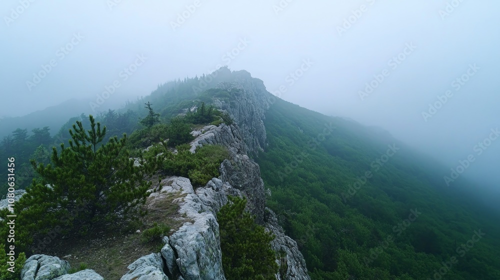 A misty mountain ridge with a rocky cliff and lush green trees in the foreground. A misty mountain ridge with a rocky cliff and lush green trees in the foreground.