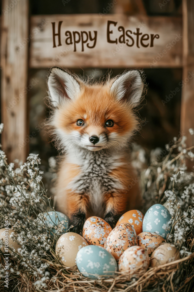 Cute fox with easter eggs in rustic spring setting Cute fox with easter eggs in rustic spring setting