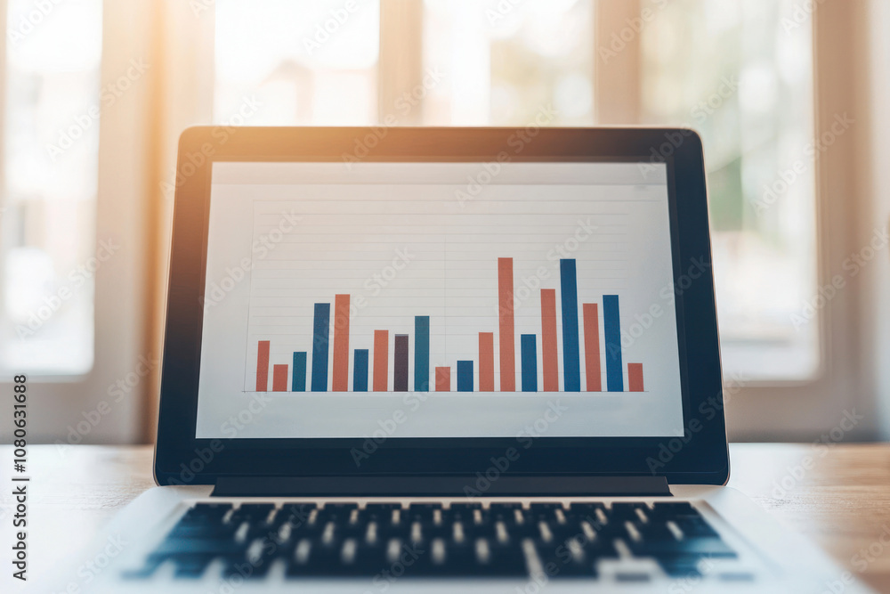 Close-up of a laptop displaying colorful bar graphs for business analysis. Close-up of a laptop displaying colorful bar graphs for business analysis.