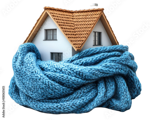 House wrapped in blue scarf on transparent background photo