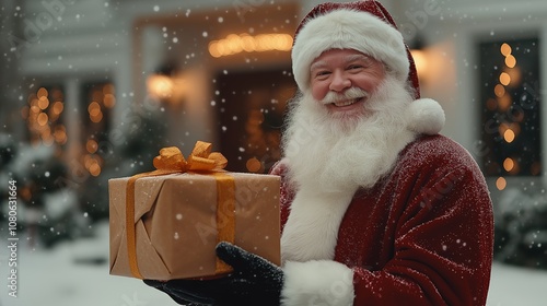 Santa Claus with Christmas gift box. New Year and Christmas, gifts in boxes and a Christmas tree photo