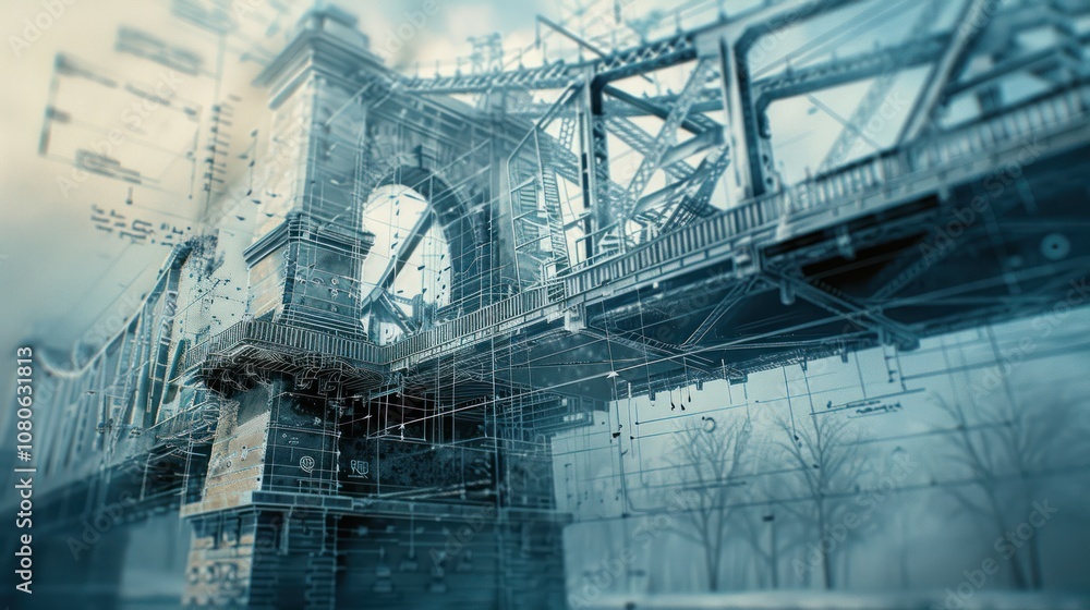 Fototapeta premium Abstract digital rendering of a bridge with a wireframe overlay and a blurred cityscape in the background.
