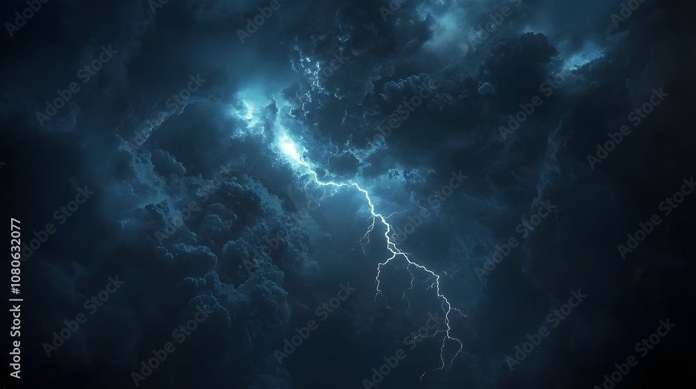 A dramatic lightning strike cuts through dark, stormy clouds. A dramatic lightning strike cuts through dark, stormy clouds.