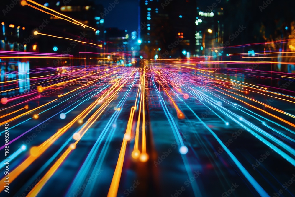 Captivating image of colorful light trails in a bustling city at night, showcasing urban energy and movement. Captivating image of colorful light trails in a bustling city at night, showcasing urban energy and movement.