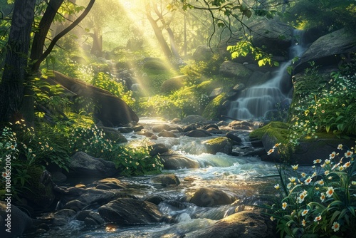 Soft Flowing Stream Surrounded by Spring Greenery. AI generative