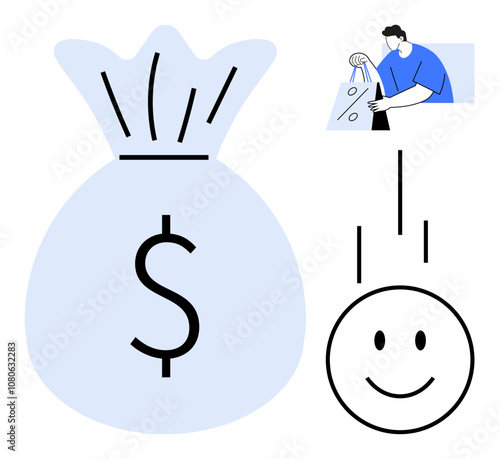Large money bag with dollar sign, smiling face, shopper holding bags. Ideal for finance, e-commerce, retail, customer satisfaction, business success online shopping marketing. Line metaphor