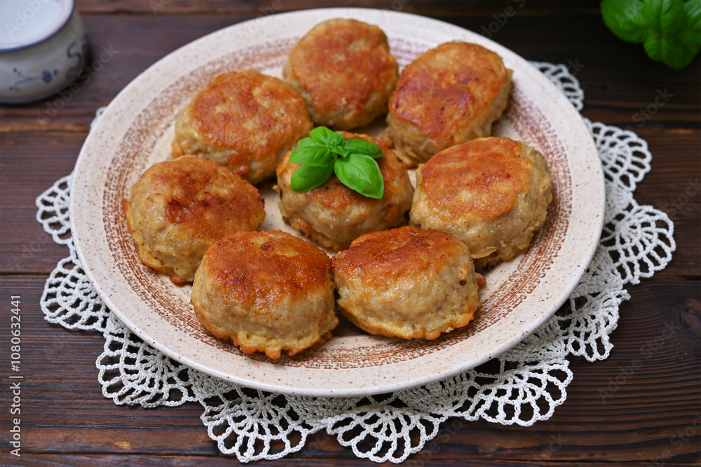 delicious meat cutlets on the table with a knitted napkin close-up, serving delicious meat cutlets on the table with a knitted napkin close-up, serving