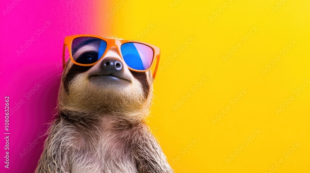 Naklejka premium Cool sloth with sunglasses against a bright, lively background, combining humor and style in a quirky, colorful image.