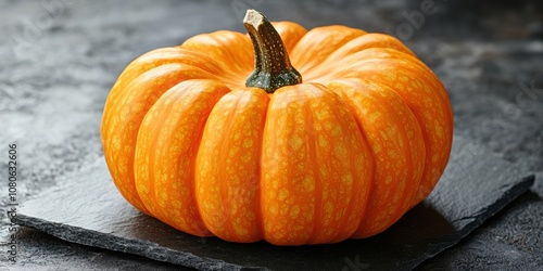 A vibrant, orange pumpkin is prominently displayed on a dark, textured slate surface, showcasing its rich autumnal hues and natural detail photo