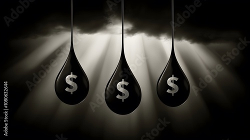 Digital illustration of oil drops morphing into dollar signs on a dark background. Petrodollars  photo