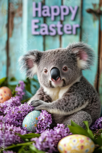 Cute koala with easter eggs and lilacs celebrating springtime holiday indoors photo