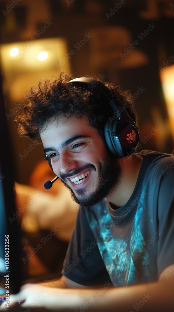 A young man with curly hair and headphones is deeply engaged in gameplay at a lively LAN party, showcasing joy and excitement as he interacts with the screen and teammates nearby A young man with curly hair and headphones is deeply engaged in gameplay at a lively LAN party, showcasing joy and excitement as he interacts with the screen and teammates nearby