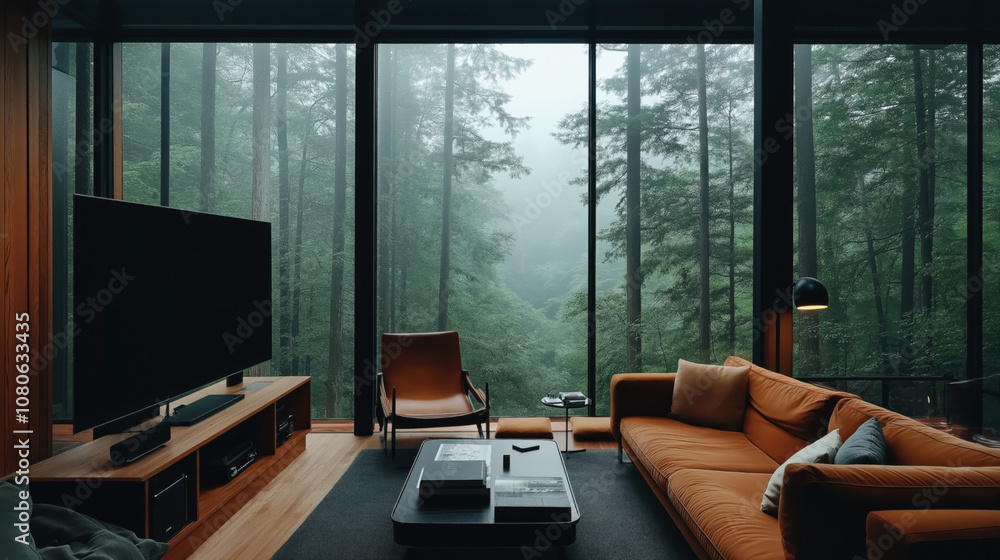 Fototapeta premium Modern living room with large windows overlooking a foggy forest, featuring an orange sofa, television, armchair, and floor lamp.