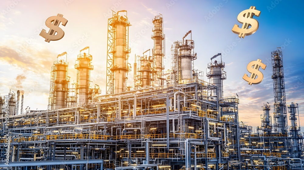 Oil refinery at sunset with dollar signs floating in the sky. Petrodollars Oil refinery at sunset with dollar signs floating in the sky. Petrodollars